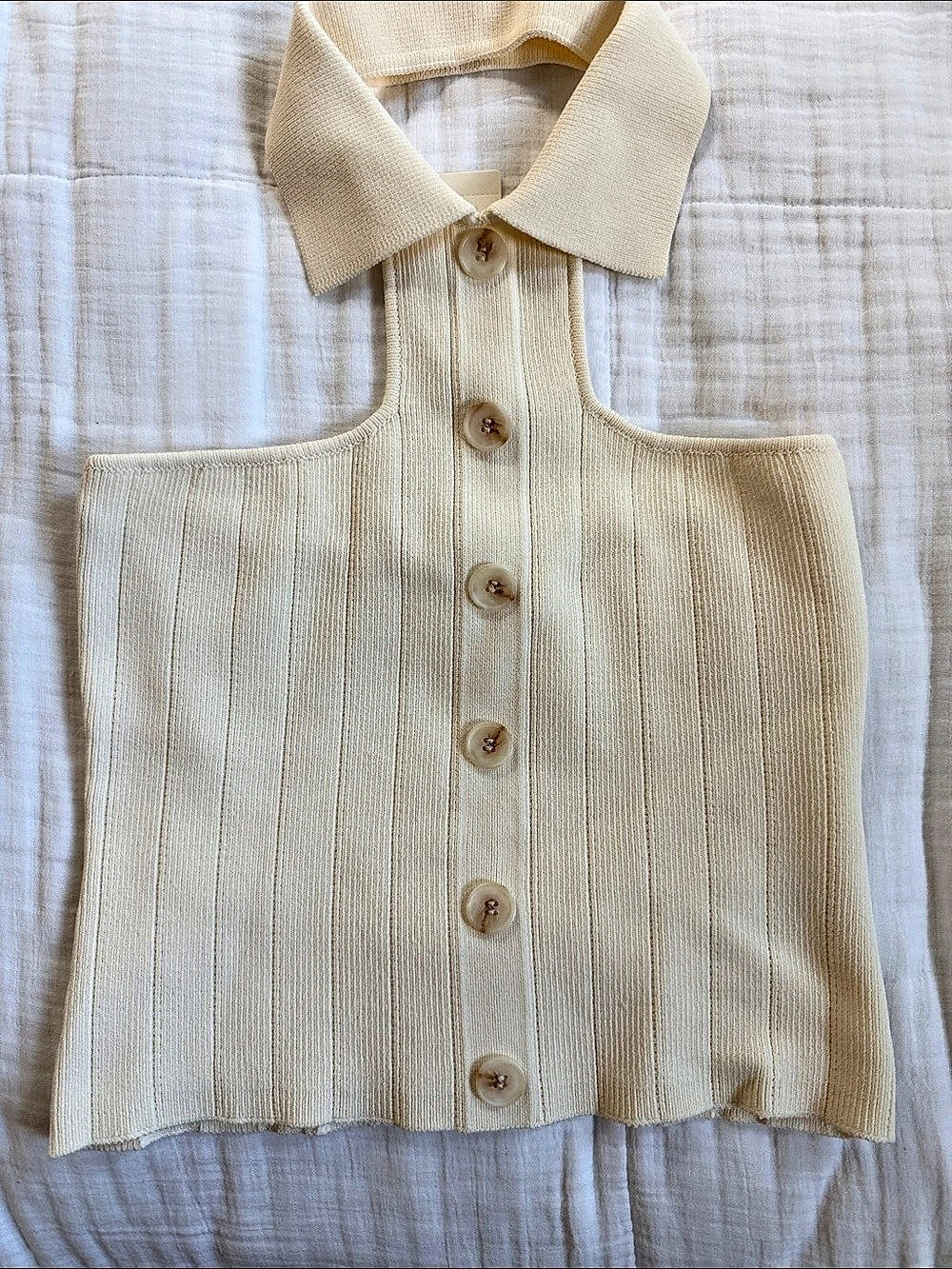 Anthropologie Halter Neckline Button Knit Tank Top Cream